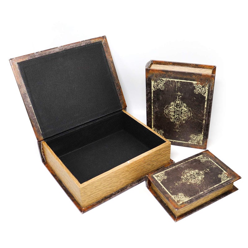 Jolitac Decorative Book Boxes World Map Pattern Antique Book Invisible box with Magnetic cover  Faux Wood Set of 3 Storage Set (Dark Vintage) - Image 5